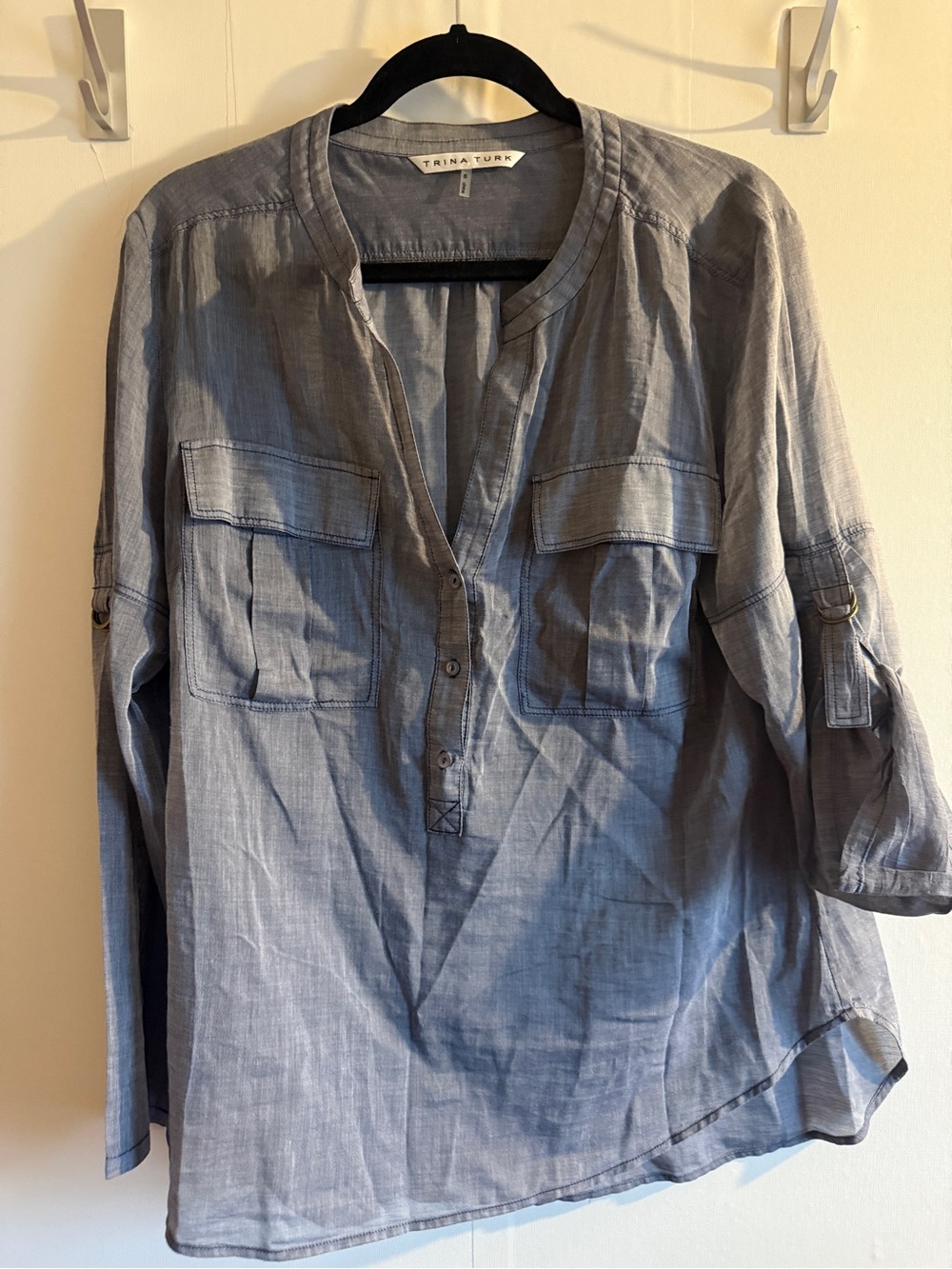Trina Turk Gray Cotton Silk Utility Blouse Roll Tab Sleeve Size Small